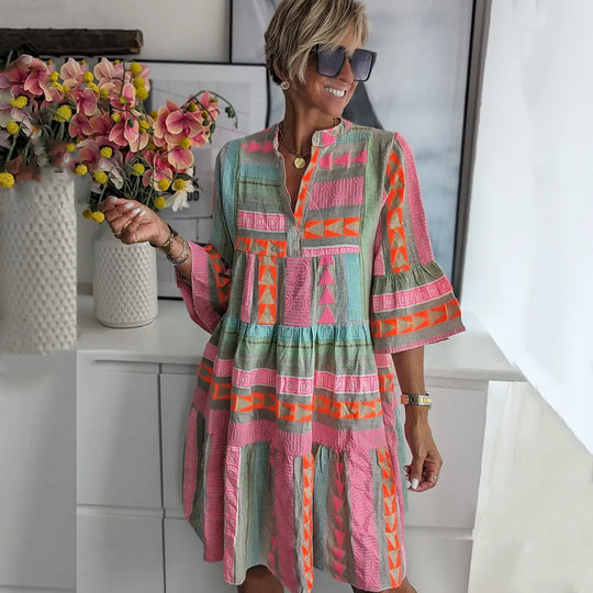 Minikleid Damen mit Glockenärmeln und Ethno-Print - Rianna