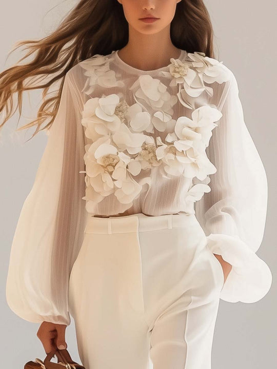 ModeParisienne® Johara | Elegante Chiffon Top met 3D Bloemmotief 0