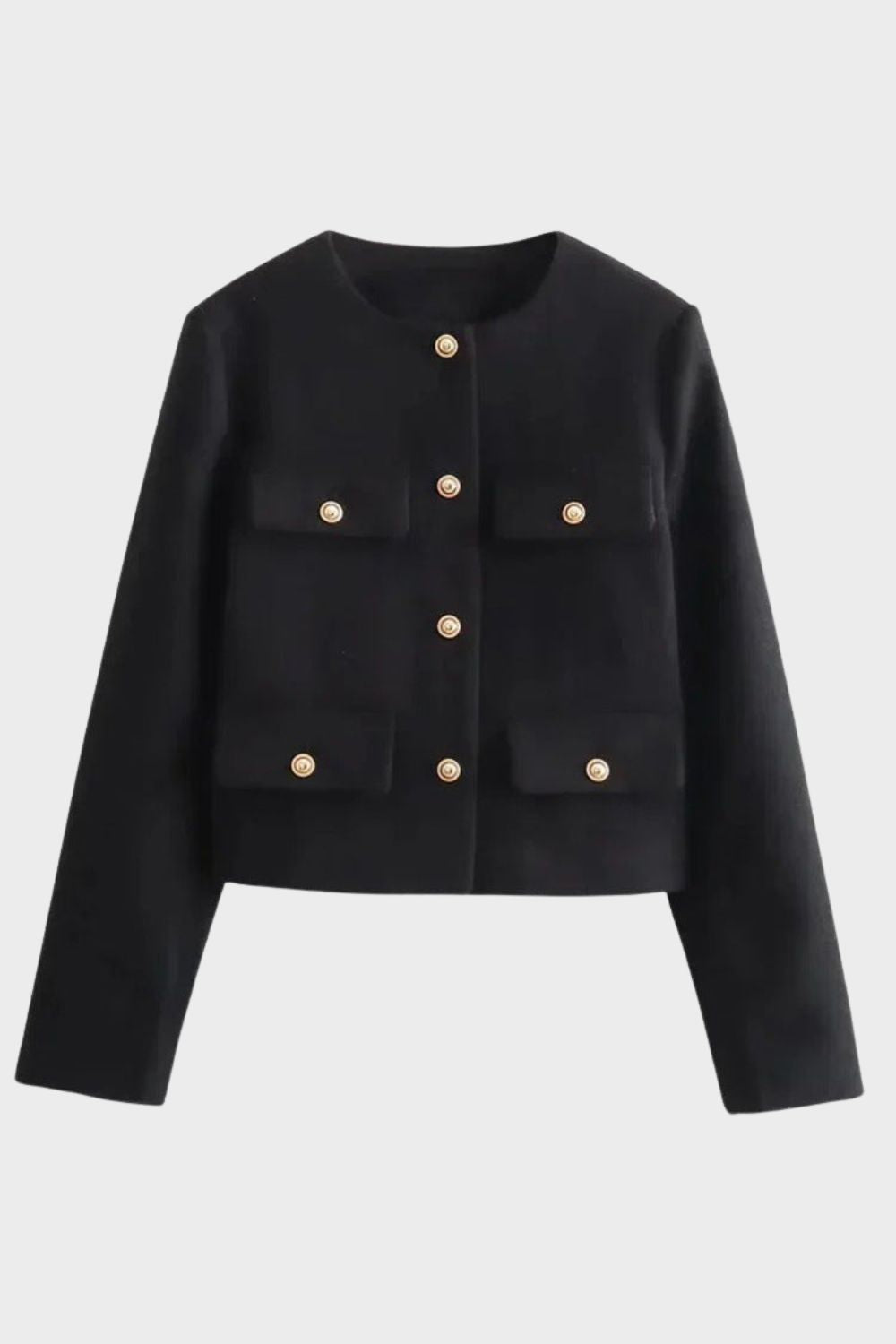 Damen Kurze Jacke Knopfleiste Rundhals Taschen Strukturiert 1