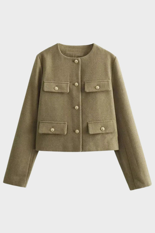 Damen Kurze Jacke Knopfleiste Rundhals Taschen Strukturiert 5