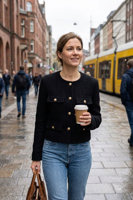 Damen Kurze Jacke Knopfleiste Rundhals Taschen Strukturiert 4