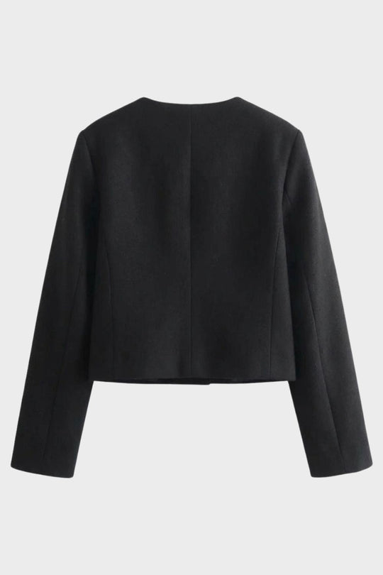 Damen Kurze Jacke Knopfleiste Rundhals Taschen Strukturiert 2