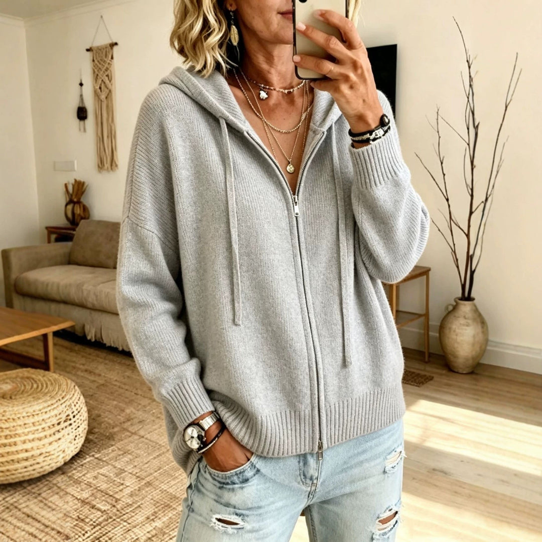 Damen Strickjacke Kapuze Kordelzug überschnitten mit Reißverschluss 2