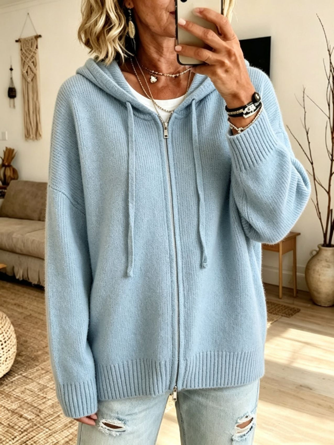 Damen Strickjacke Kapuze Kordelzug überschnitten mit Reißverschluss 8