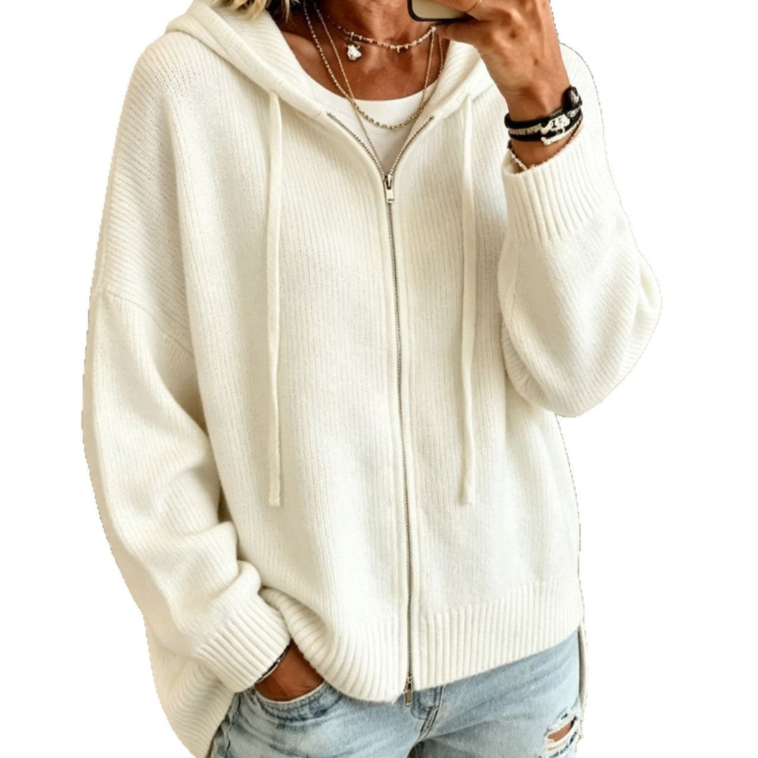 Damen Strickjacke Kapuze Kordelzug überschnitten mit Reißverschluss 5
