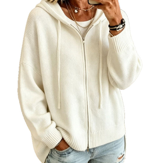 Damen Strickjacke Kapuze Kordelzug überschnitten mit Reißverschluss 5