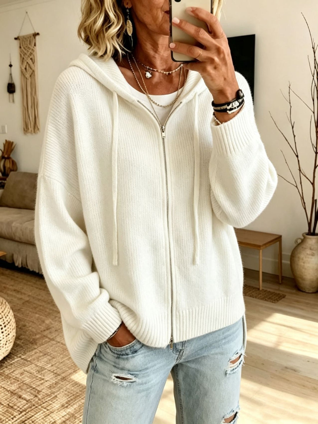 Damen Strickjacke Kapuze Kordelzug überschnitten mit Reißverschluss 6