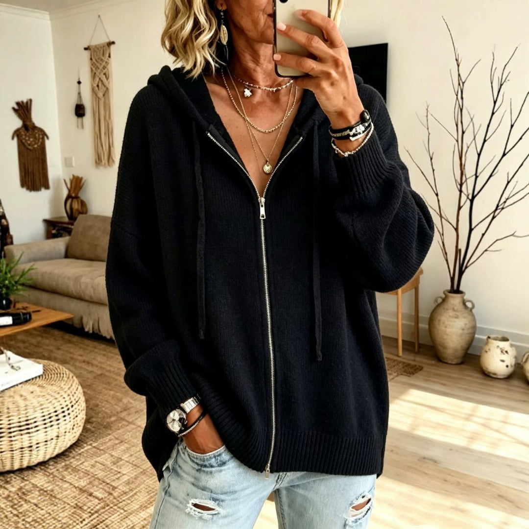 Damen Strickjacke Kapuze Kordelzug überschnitten mit Reißverschluss 4