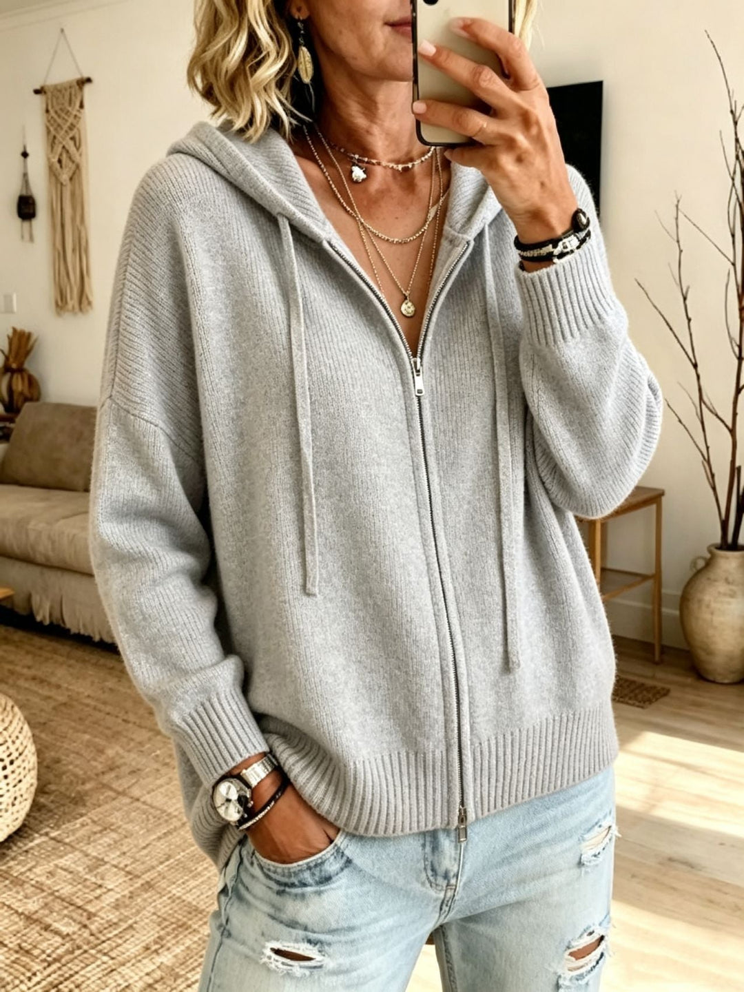 Damen Strickjacke Kapuze Kordelzug überschnitten mit Reißverschluss 10