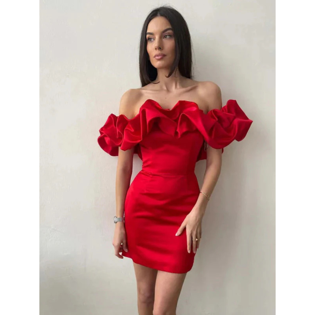 Off-Shoulder-Mini-Cocktailkleid Damen mit Rüschen - Leanna
