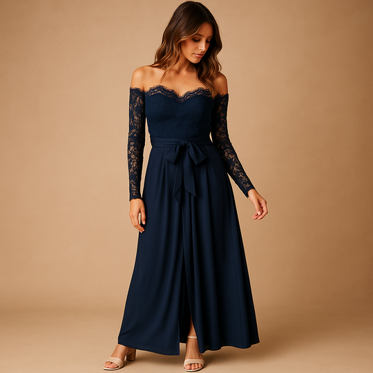 Off-shoulder kanten jumpsuit met split voor dames | Marlies 2