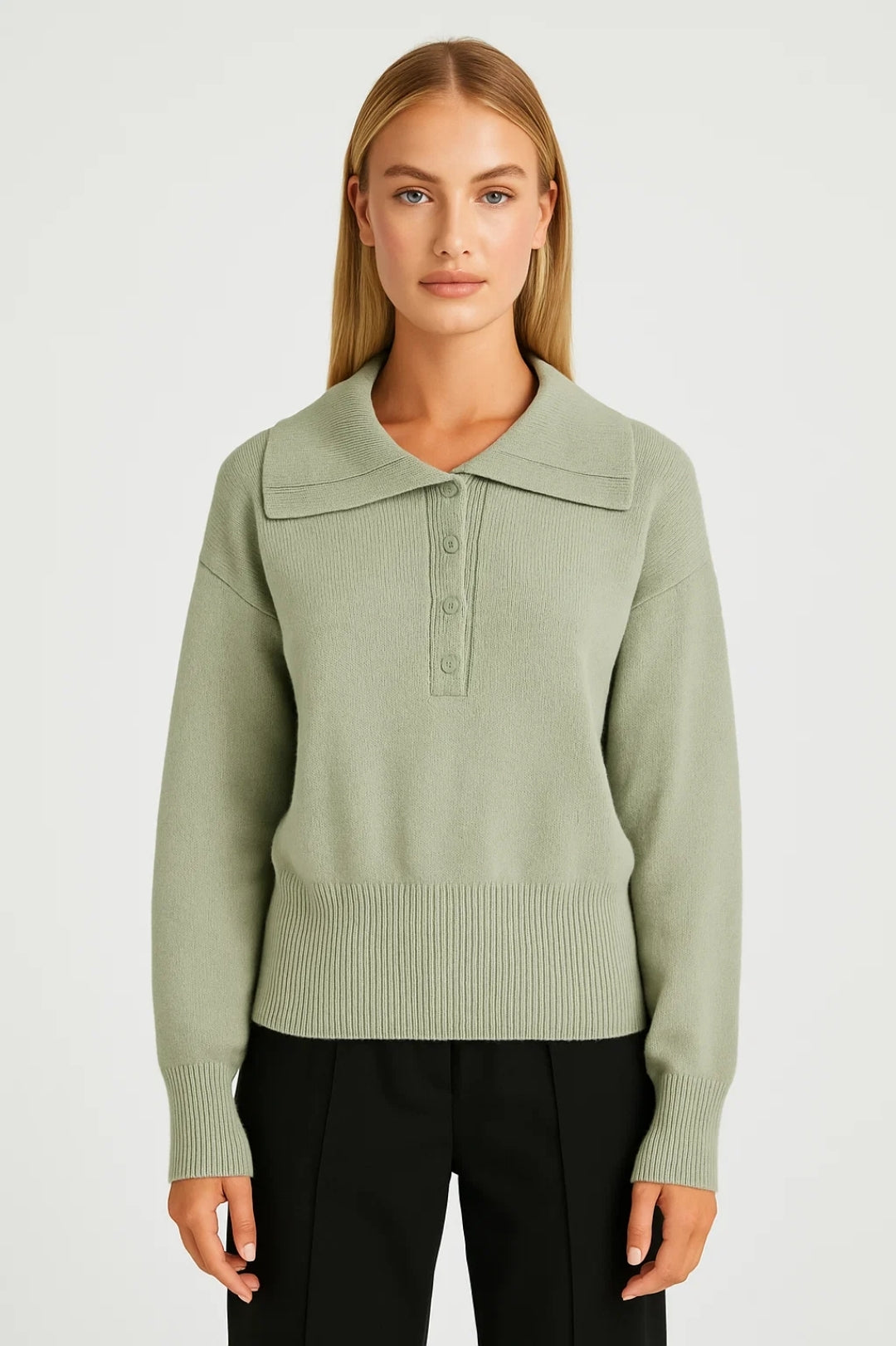 Émérence Dames Gebreide Polo Sweater | Lange Mouwen | Saliegroen 1