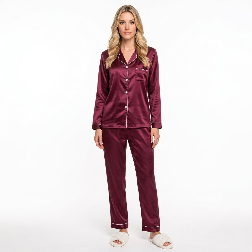 Satijnen Pyjama Set met Lange Mouwen en Broek 2