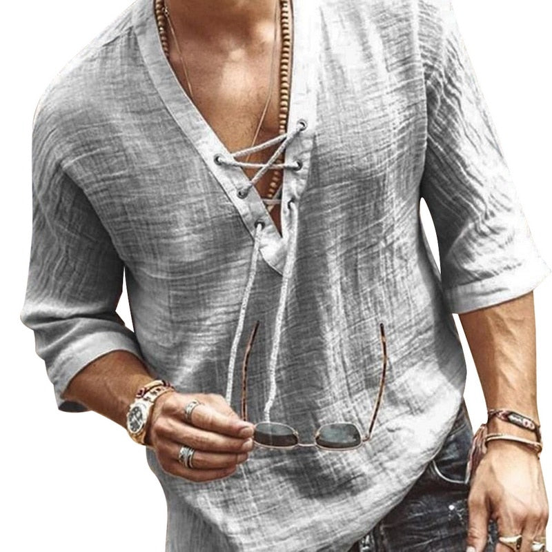 Shirt Heren | Luchtig Linnen & Stoere V-hals met Veter