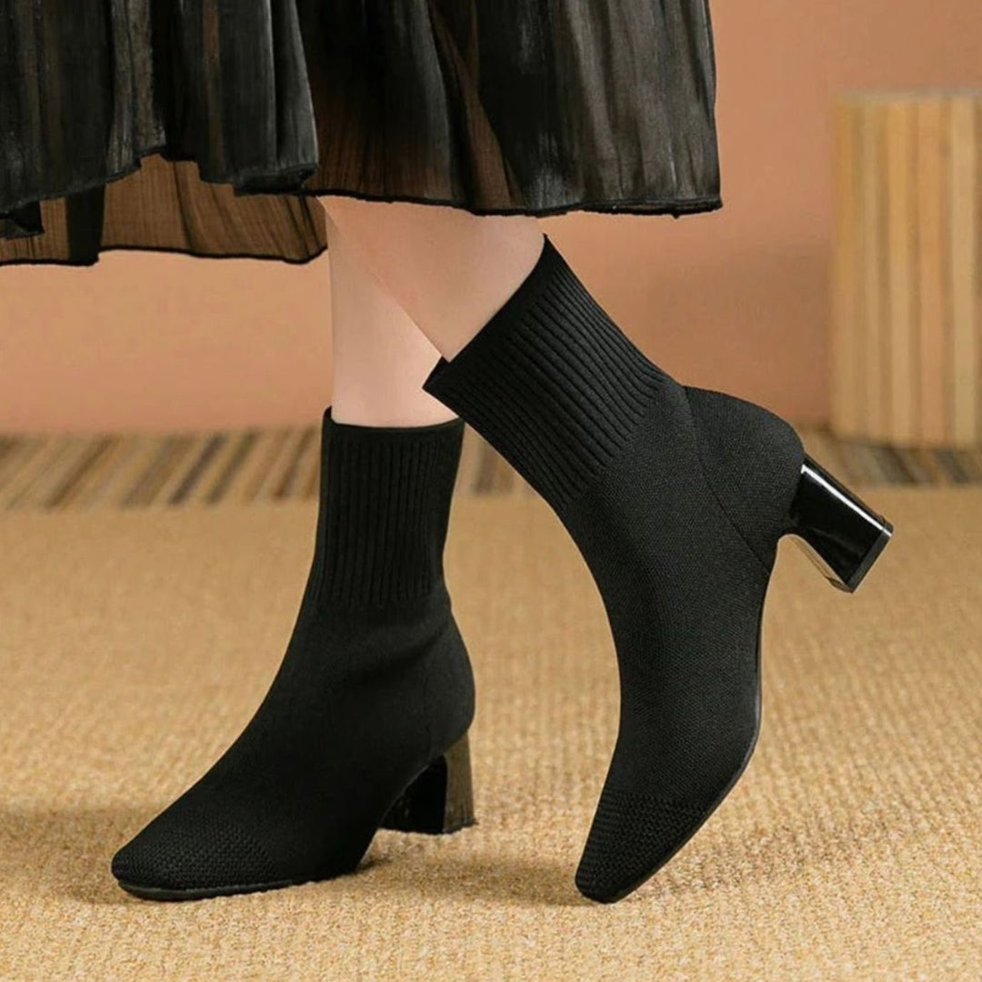 Stiefeletten Damen | Rippstrick mit Blockabsatz