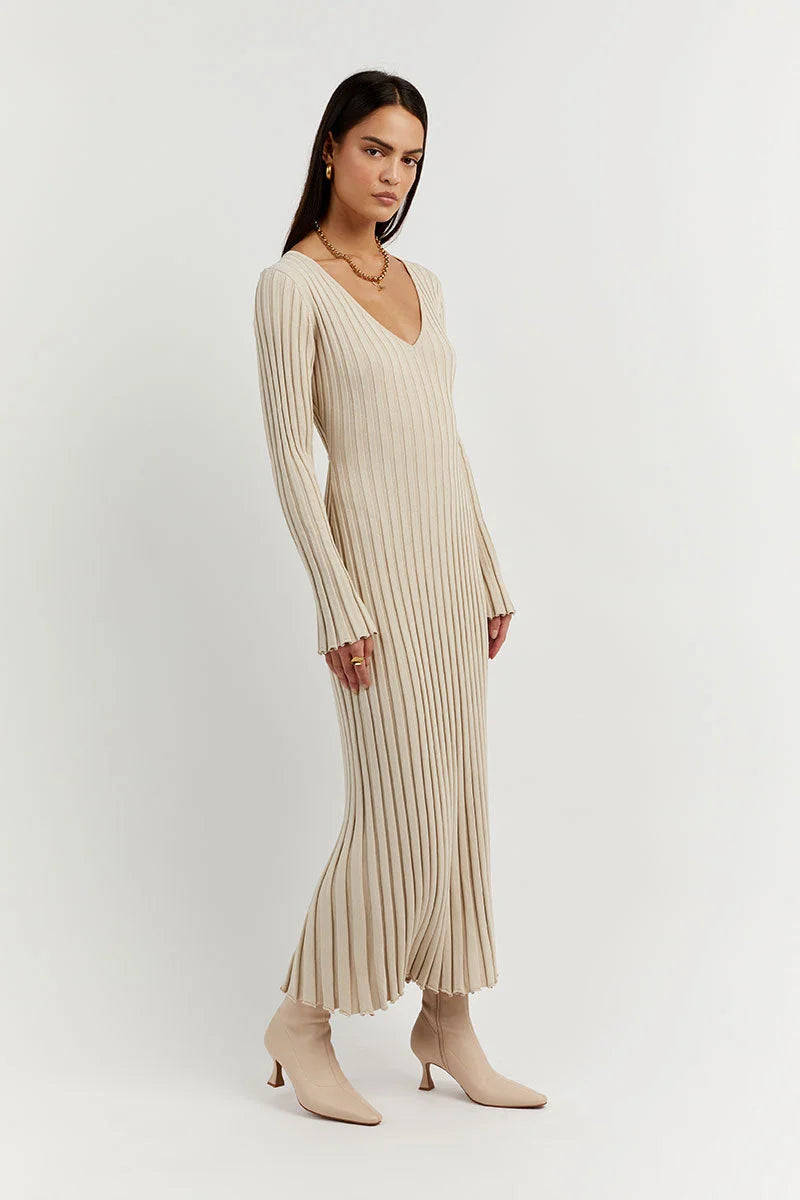 Stilvolles Strick-Maxikleid Damen mit Langen Ärmeln und V-Ausschnitt - Luna