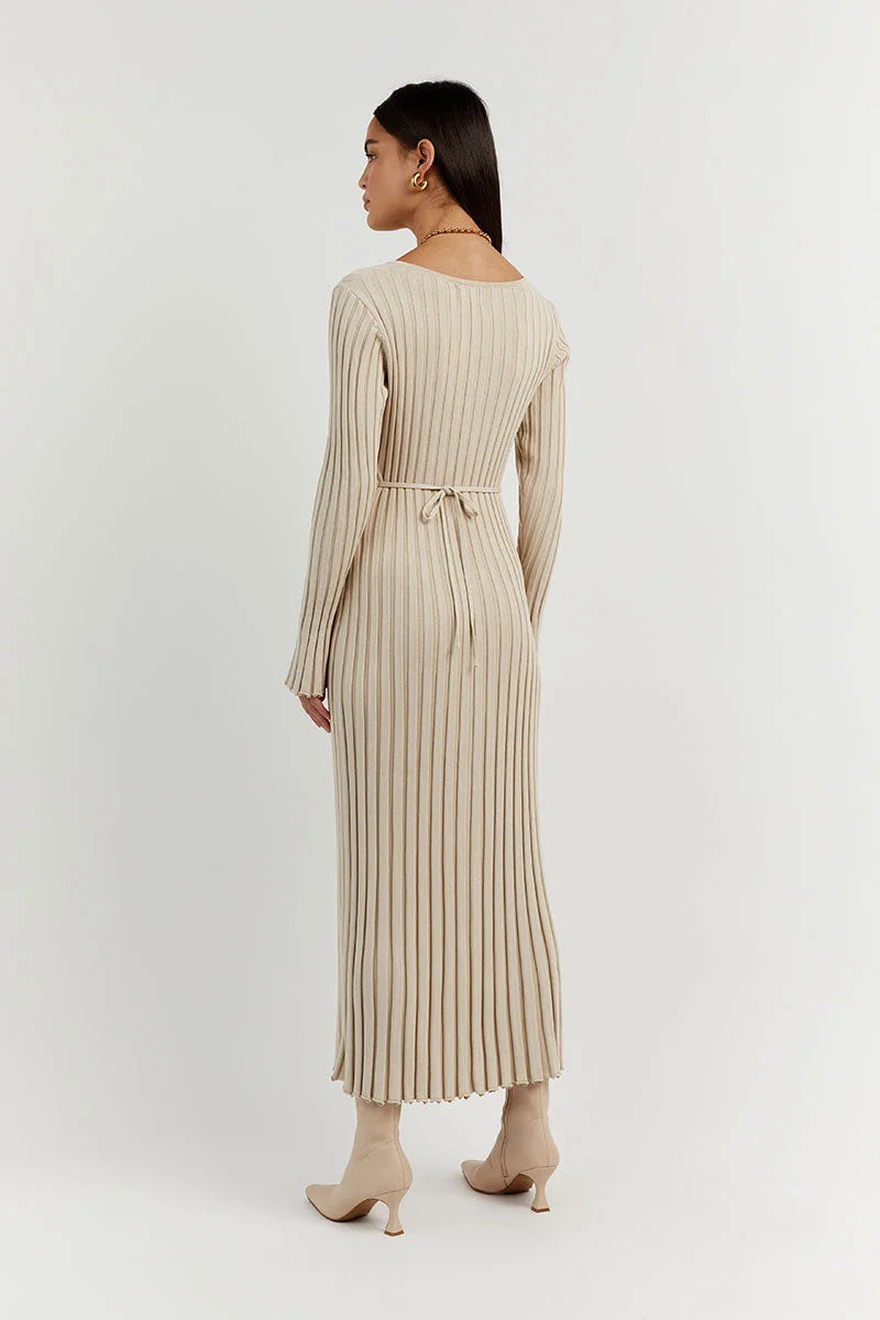 Stilvolles Strick-Maxikleid Damen mit Langen Ärmeln und V-Ausschnitt - Luna