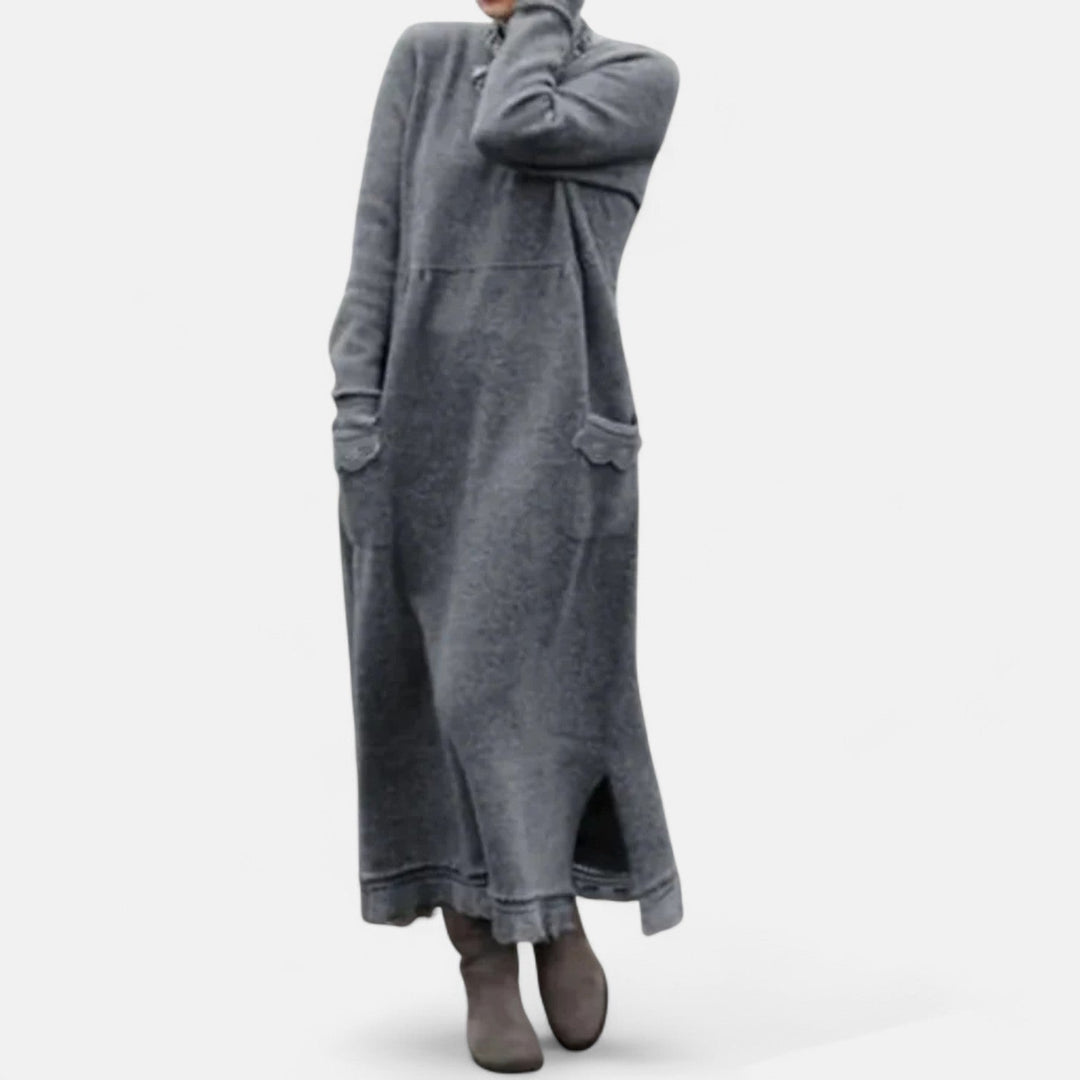 Strickkleid Damen | Lang mit Stehkragen & Taschen