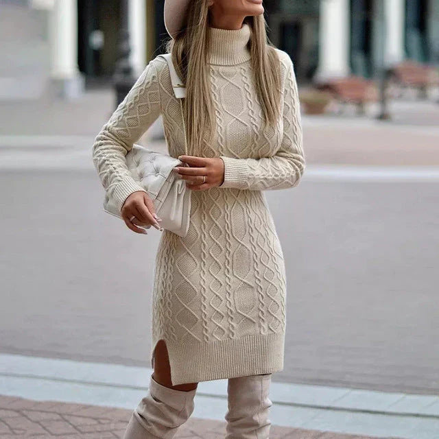 Strickkleid Damen | Rollkragen & Zopfmuster | Taillenakzent & Warmer Tragekomfort 3