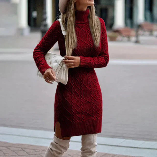Strickkleid Damen | Rollkragen & Zopfmuster | Taillenakzent & Warmer Tragekomfort 8