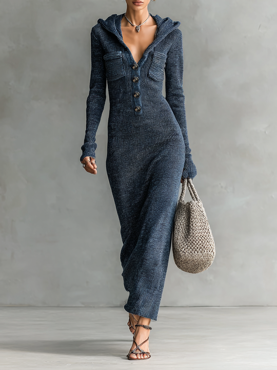 Damen Figurbetontes Strick-Maxikleid mit Kapuze in voller Länge
