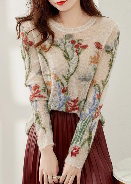 Strickpullover Damen | Blumenmotiv & Rundhals
