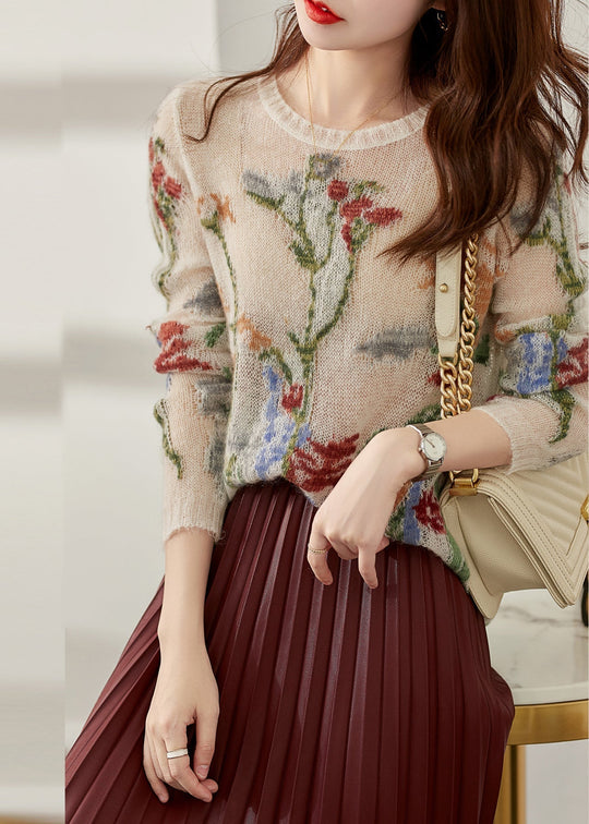 Strickpullover Damen | Blumenmotiv & Rundhals