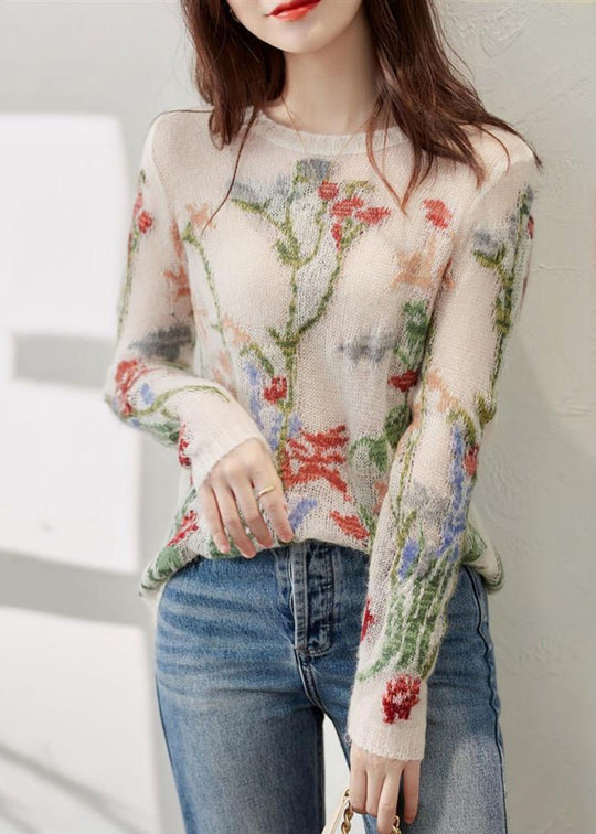 Strickpullover Damen | Blumenmotiv & Rundhals