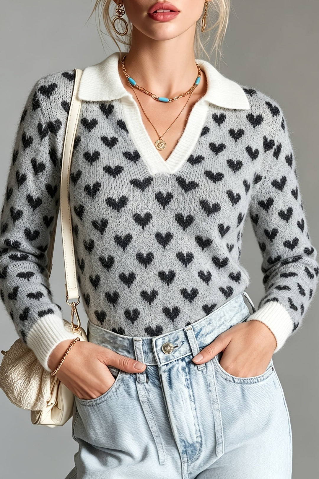 Damen-Jacquard-Strickpullover mit Herzmuster und klassischem Kragen