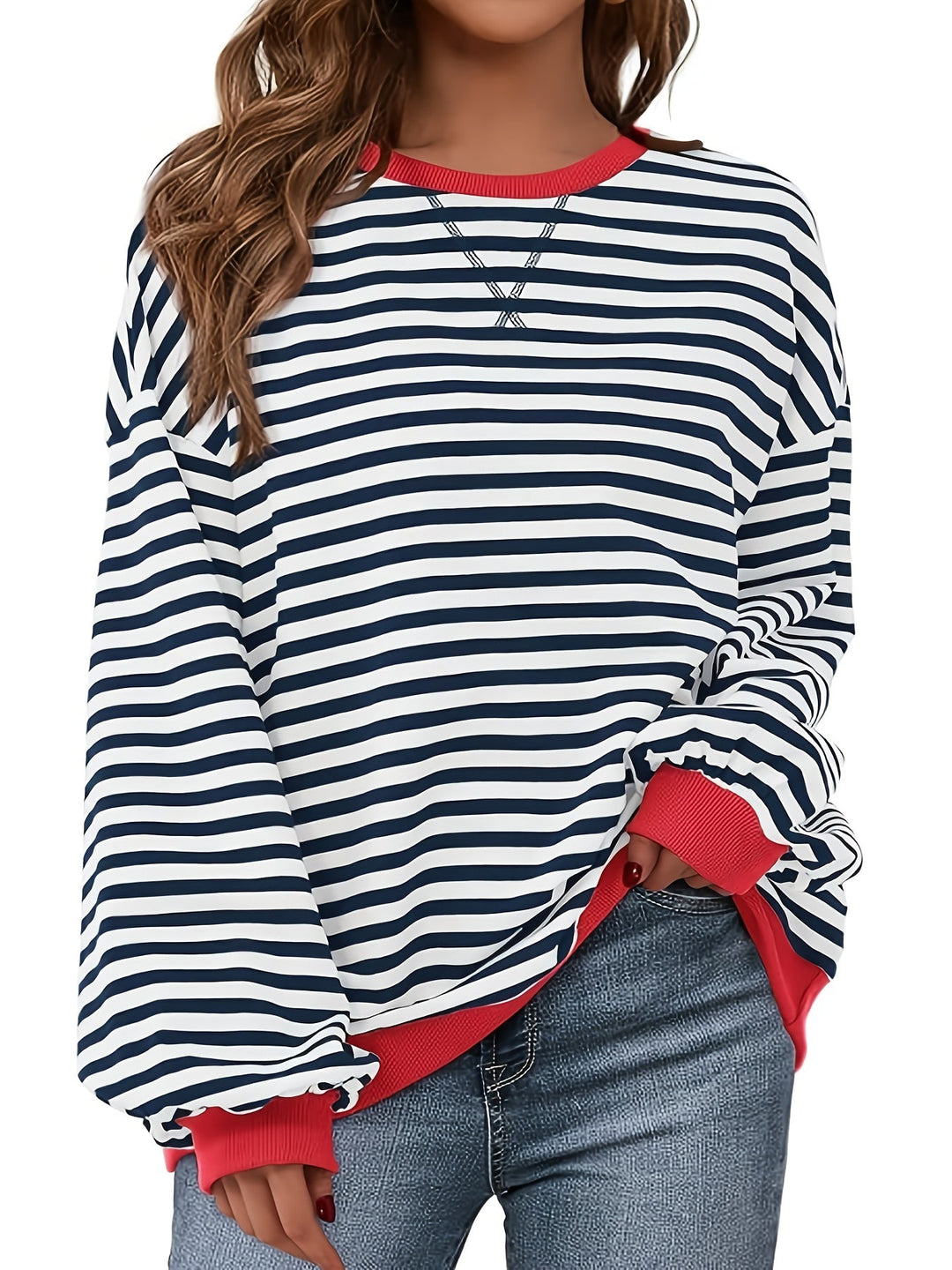 Sweatshirt met ronde hals - Color Block Gestreept Ontwerp & Relaxte Pasvorm 3