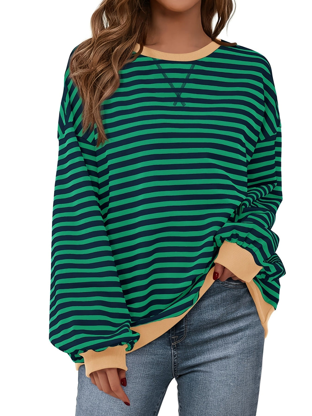 Sweatshirt met ronde hals - Color Block Gestreept Ontwerp & Relaxte Pasvorm 0