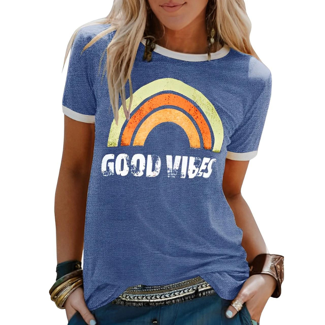 T-shirt Dames | Regenboog Print & Good Vibes Statement