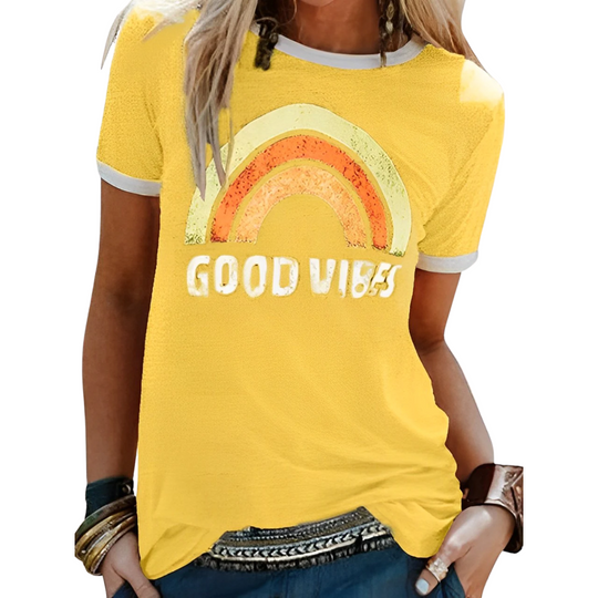T-shirt Dames | Regenboog Print & Good Vibes Statement