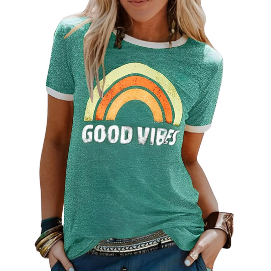 T-shirt Dames | Regenboog Print & Good Vibes Statement