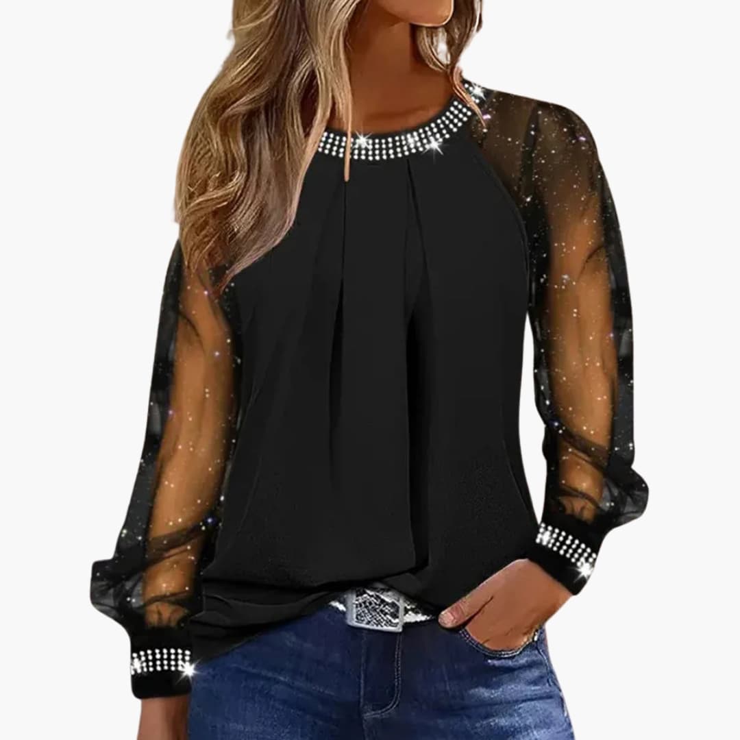 Top Damen | Mesh-Ärmel & Glamouröse Strass-Details 1