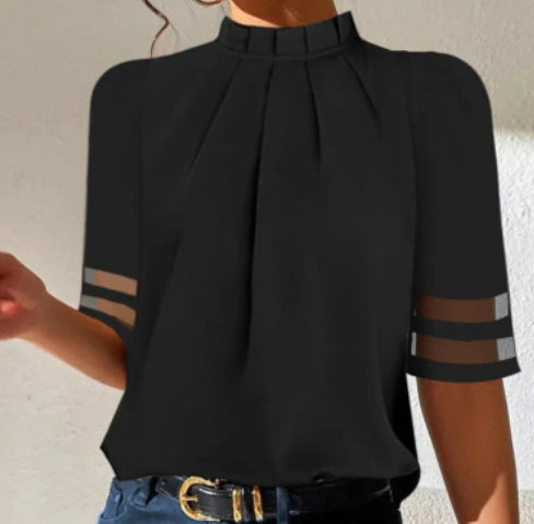 Top Dames | Elegante Hoge Hals & Mesh Mouwen
