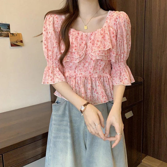 Top Dames | Koreaanse Bloemenblouse met Ruches & Pofmouwen