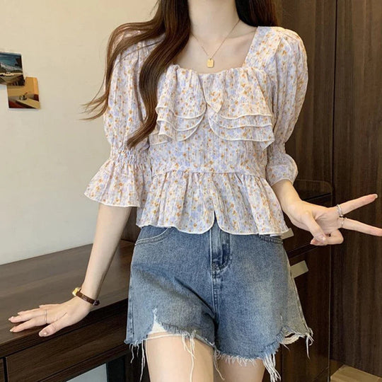 Top Dames | Koreaanse Bloemenblouse met Ruches & Pofmouwen