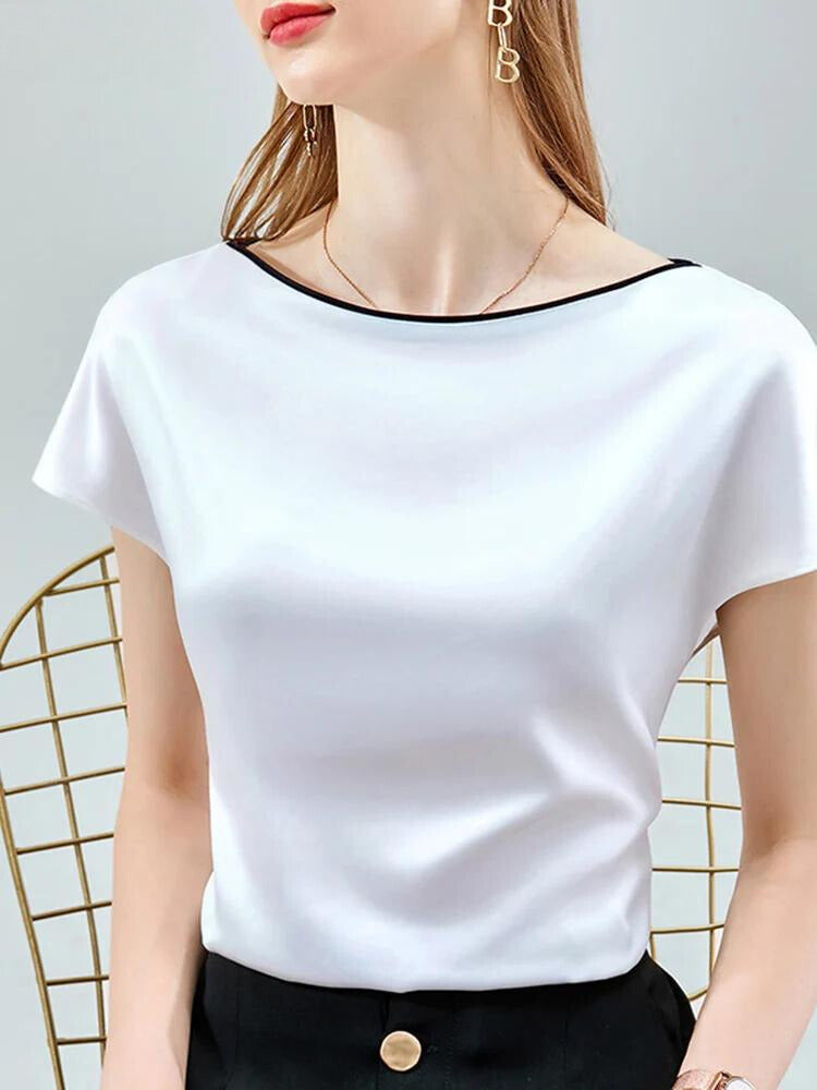 Top Dames | Satijnlook Blouse met Contrast Bies & Korte Mouw