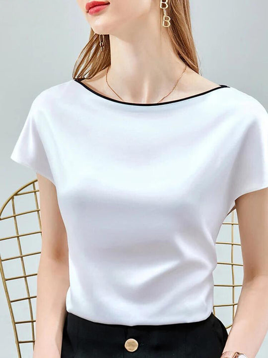 Top Dames | Satijnlook Blouse met Contrast Bies & Korte Mouw