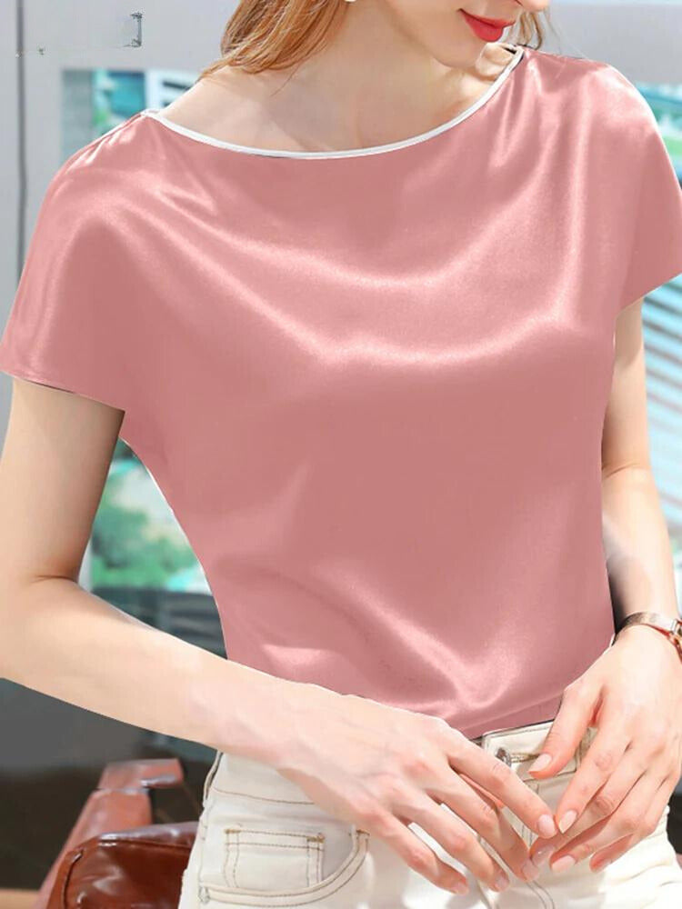 Top Dames | Satijnlook Blouse met Contrast Bies & Korte Mouw
