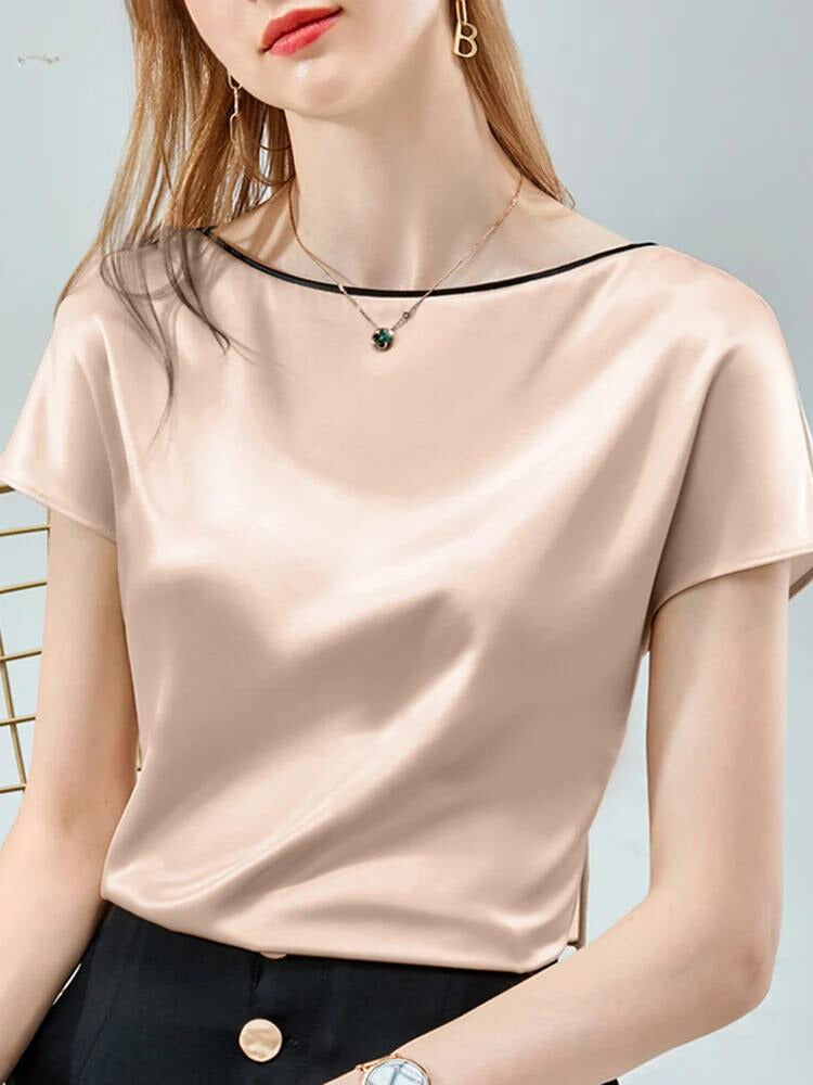 Top Dames | Satijnlook Blouse met Contrast Bies & Korte Mouw
