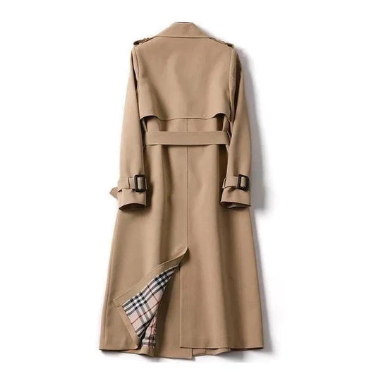 Zijaanzicht van dames trenchcoat met stormflap en verstelbare ceintuur in beweging