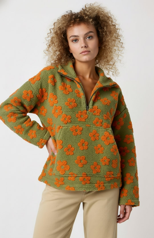 Trui Dames | Speels Bloemenmotief met Halve Rits