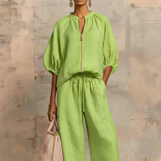 Calyndra - Dames tweedelig ensemble met rits-top en brede broek 2