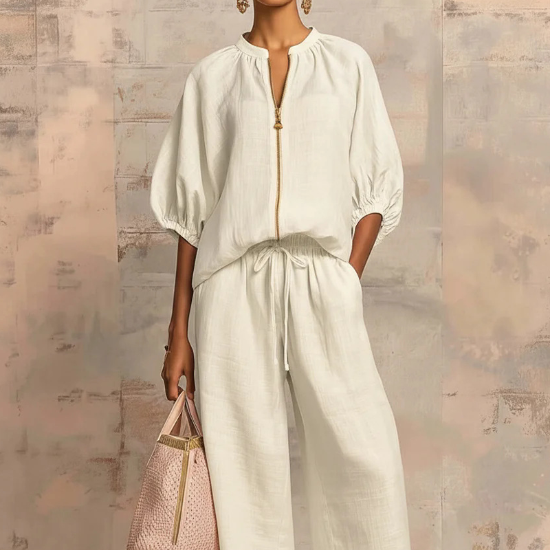 Calyndra - Dames tweedelig ensemble met rits-top en brede broek 3