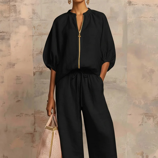 Calyndra - Dames tweedelig ensemble met rits-top en brede broek 4