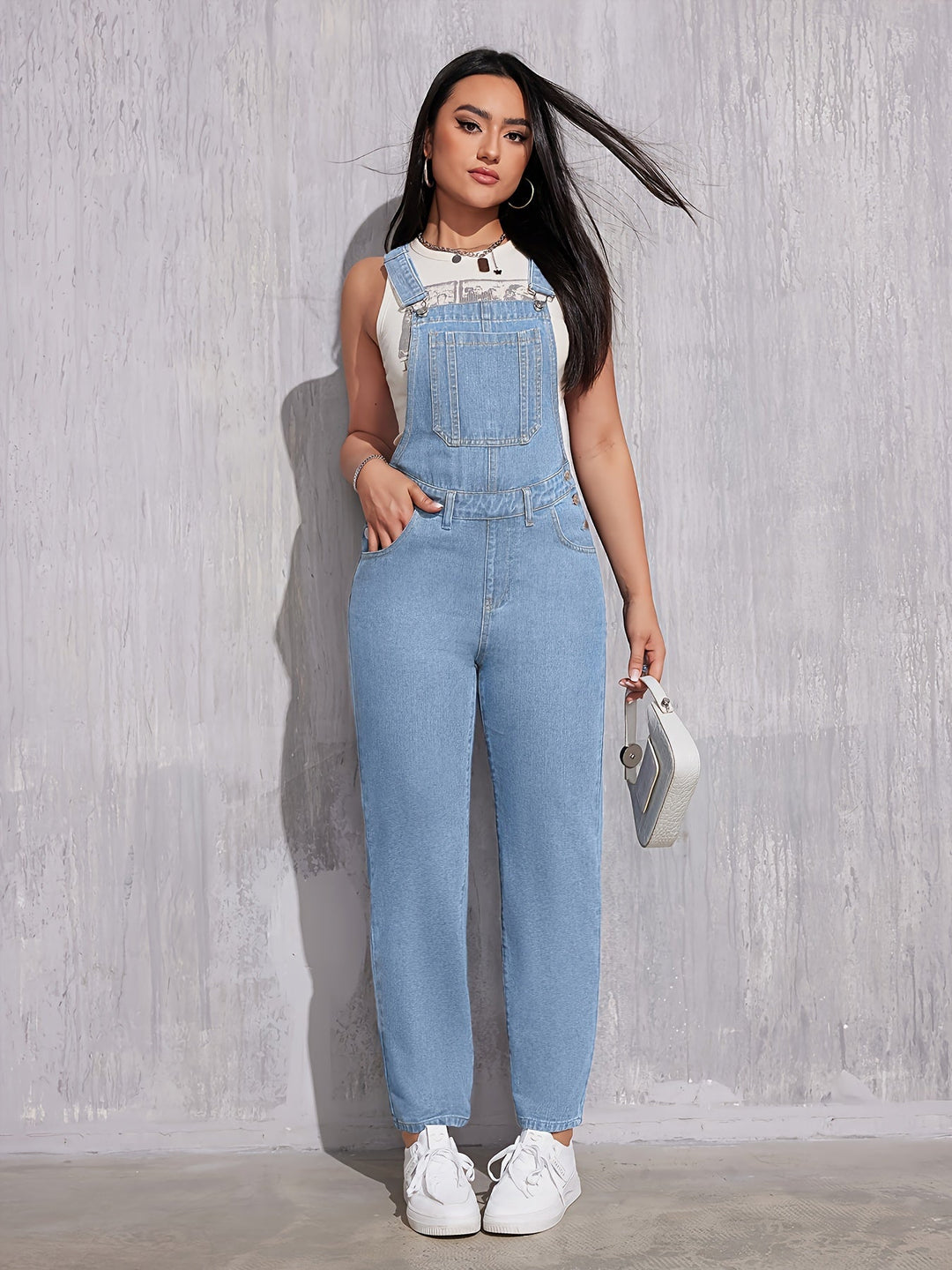 Unifarbene Jeans-Latzhose Damen Regular Fit - Evelien