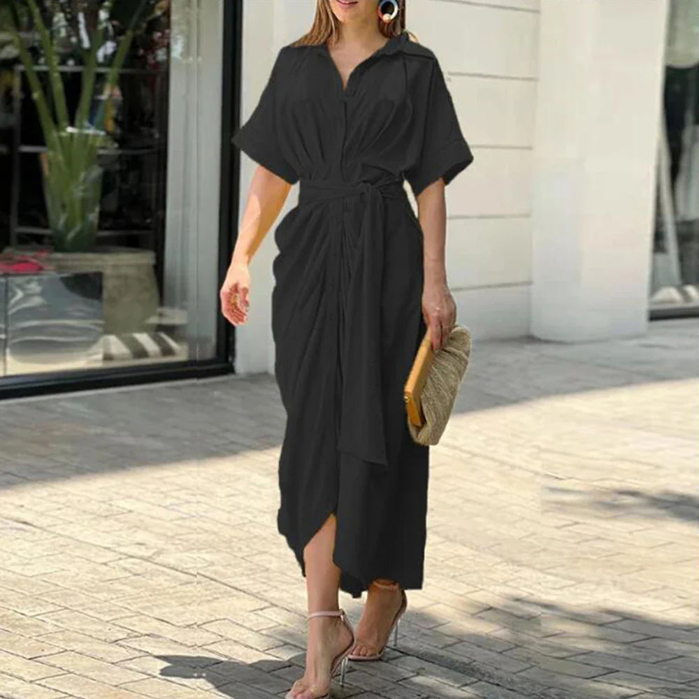 Vrouwen Chic Stijl Buttoned Down Riem Midi Zomerjurk - Emma