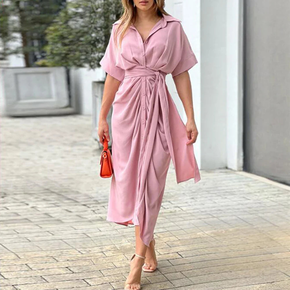 Vrouwen Chic Stijl Buttoned Down Riem Midi Zomerjurk - Emma